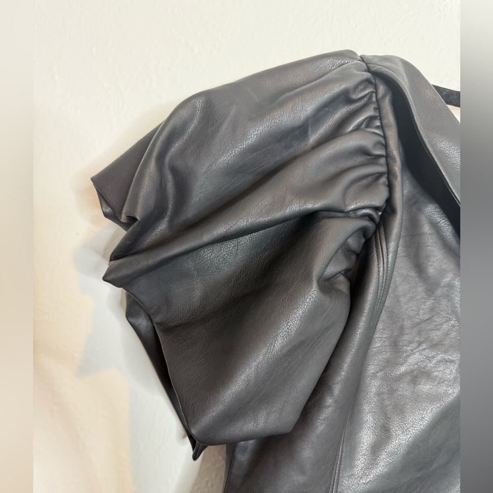 Elliatt One-Shoulder Faux Leather Mini Dress | Puff Sleeve Black Cocktail S - Picture 9 of 10